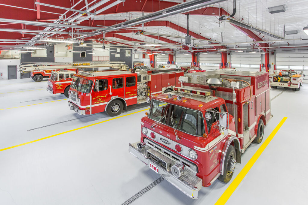 Fire trucks inside department